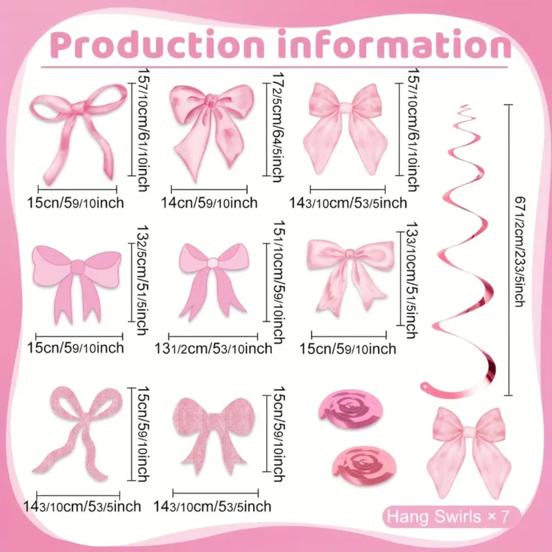 Pink Bow Happy Birthday Banner with 7pcs Swirls and Bunting