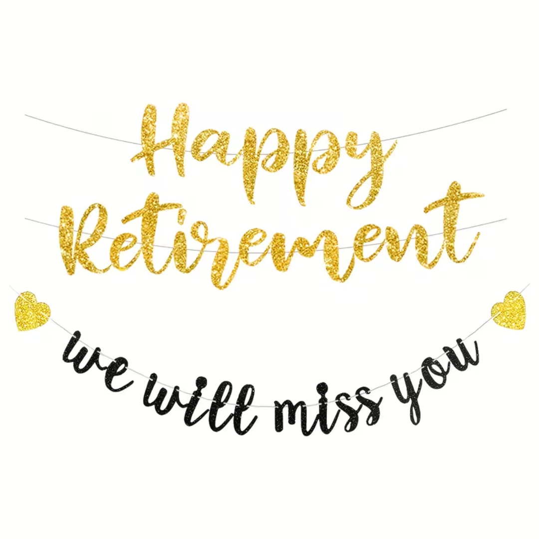 Happy Retirement & We Will Miss You Gold Black Glitter Paper