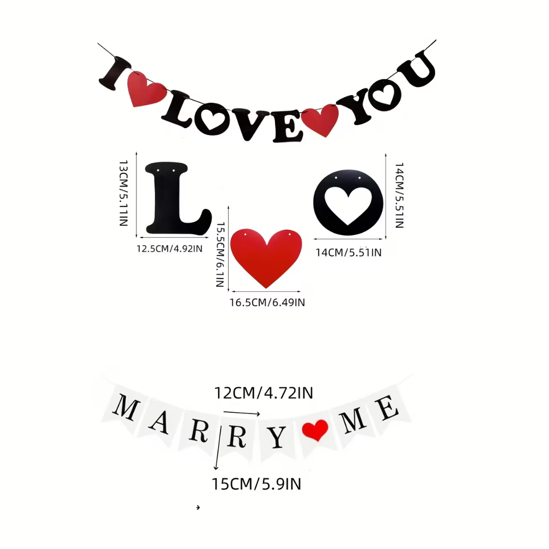 3pcs I Love You, Marry Me and Red Hears Banner Set