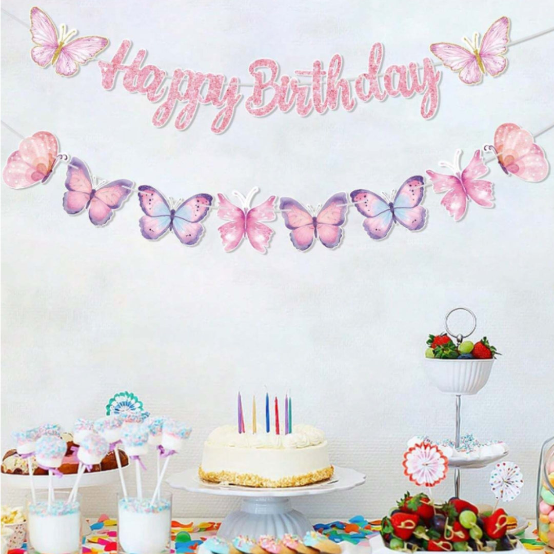 Pink Butterfly Happy Birthday Paper Banner with Bunting