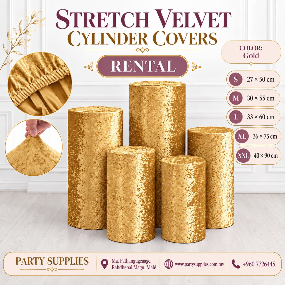 Gold Stretch Velvet Cylinder Covers for RENT
