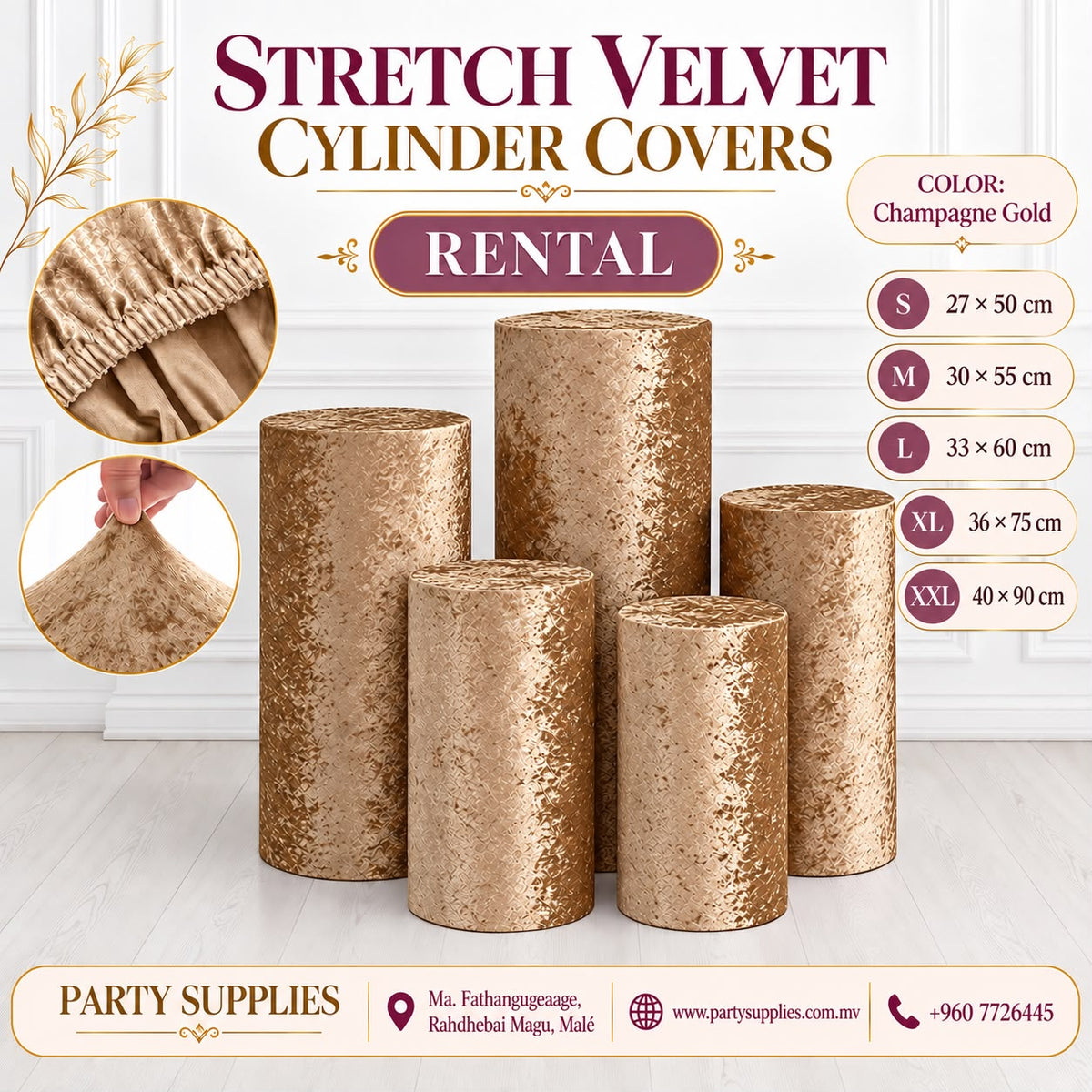 Champagne Gold Stretch Velvet Cylinder Covers for RENT