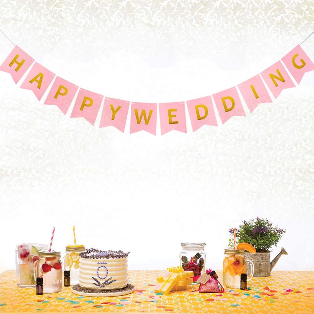 Large Light Pink and Gold Happy Wedding Paper Banner