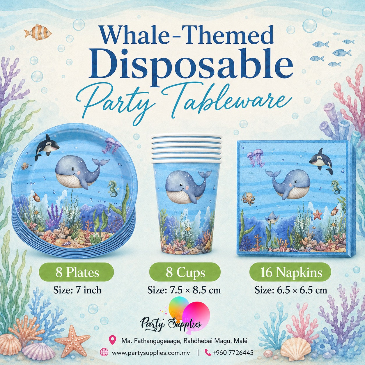 Blue Ocean Underwater Whale Theme Dinnerware Plates, Cups, Napkins