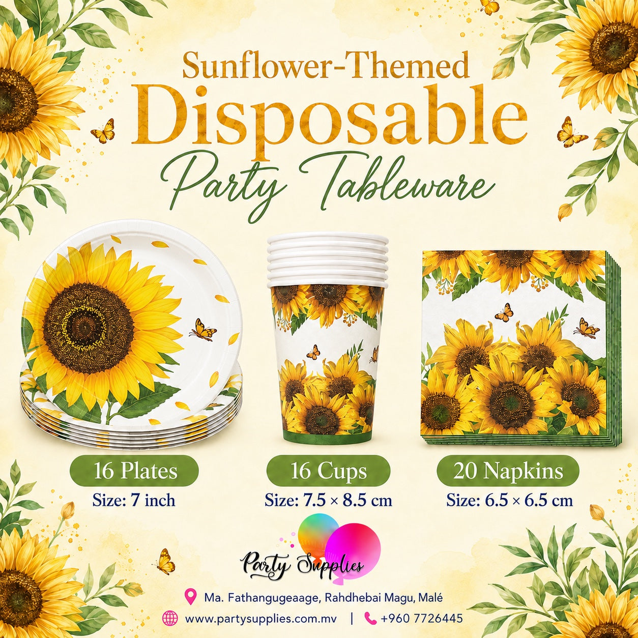Sunflower Theme Dinnerware Plates, Cups, Napkins