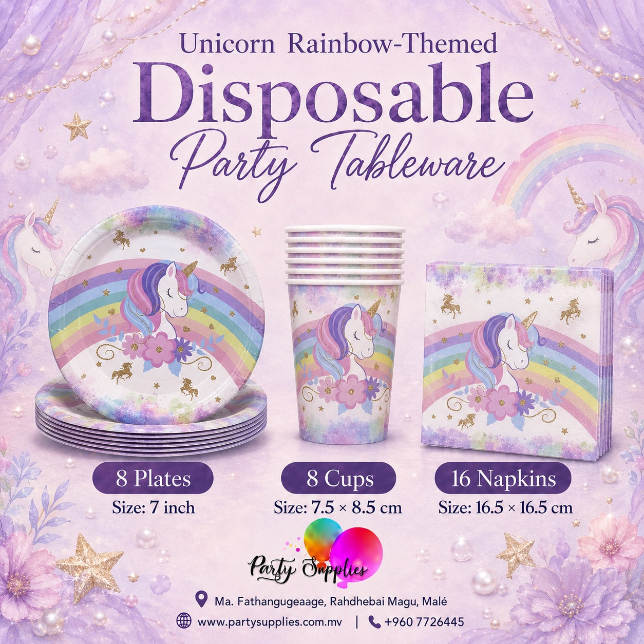 Unicorn Rainbow-Themed Party Tableware Set