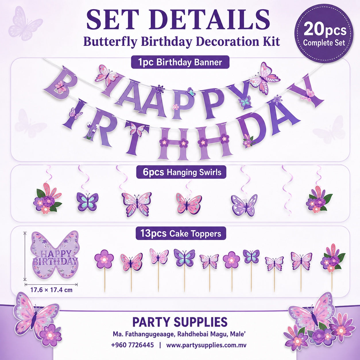 20pcs Purple Butterfly Theme Banner Decoration Set
