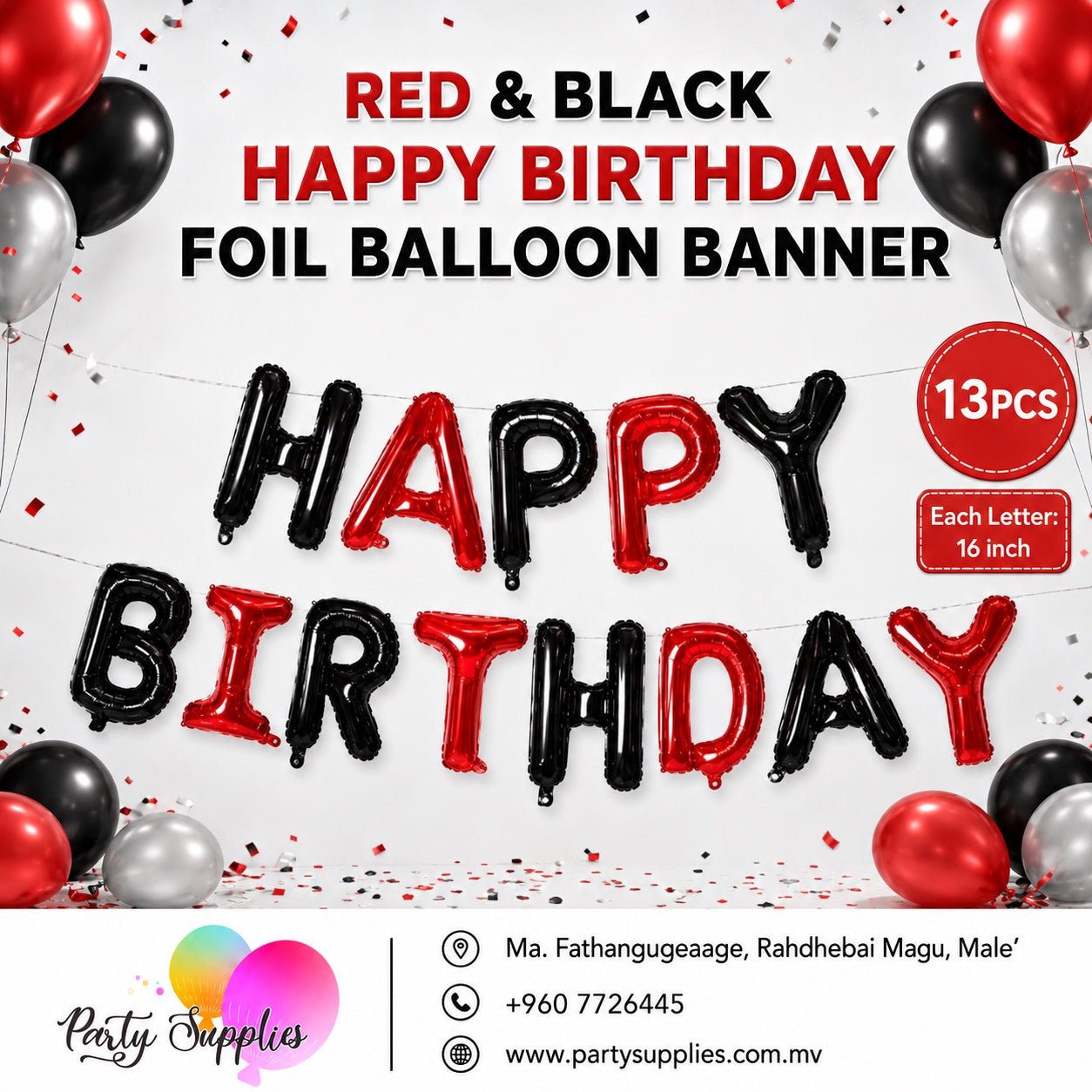 16inch Red & Black Happy Birthday Foil Banner