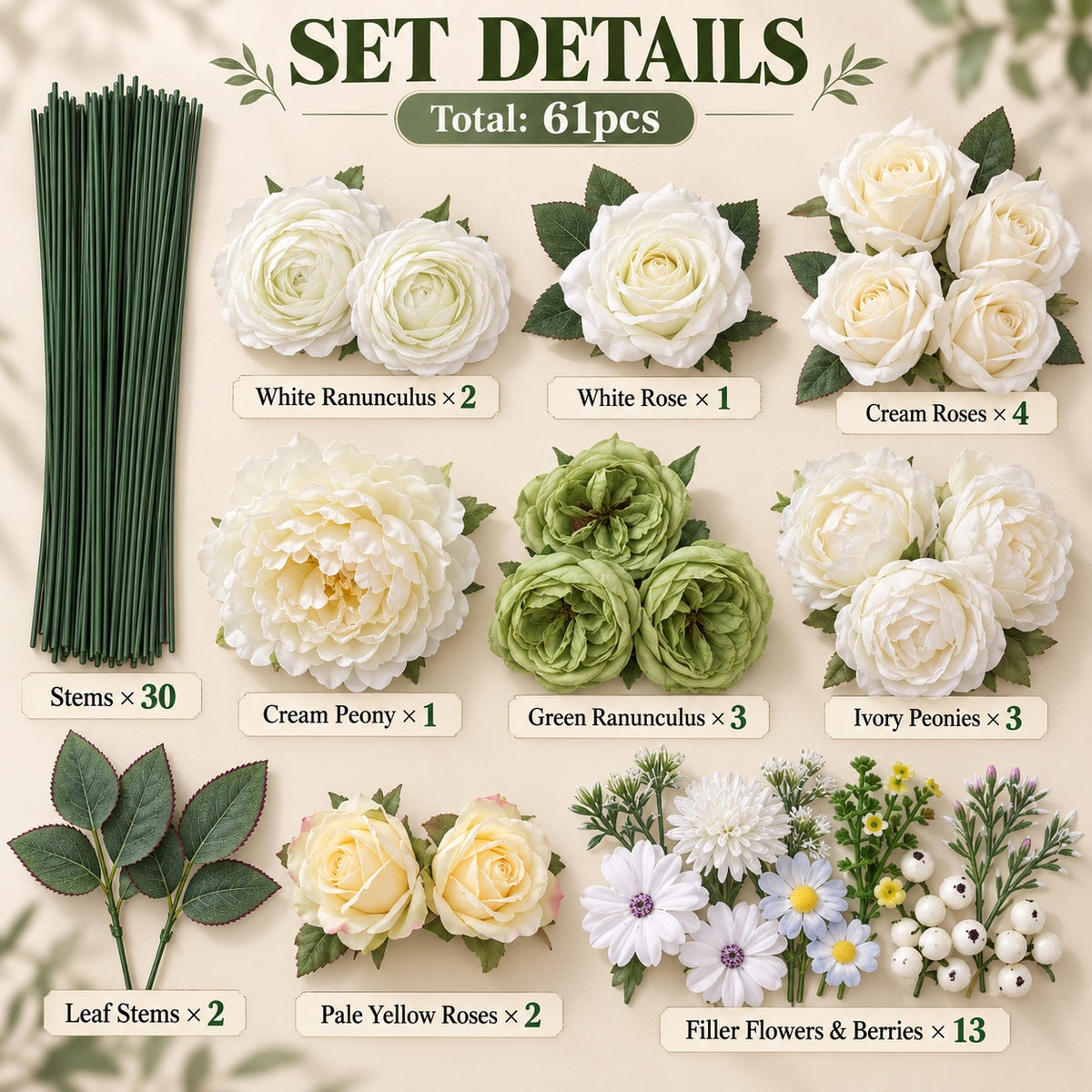 61pcs Artificial Flower Arrangement Set