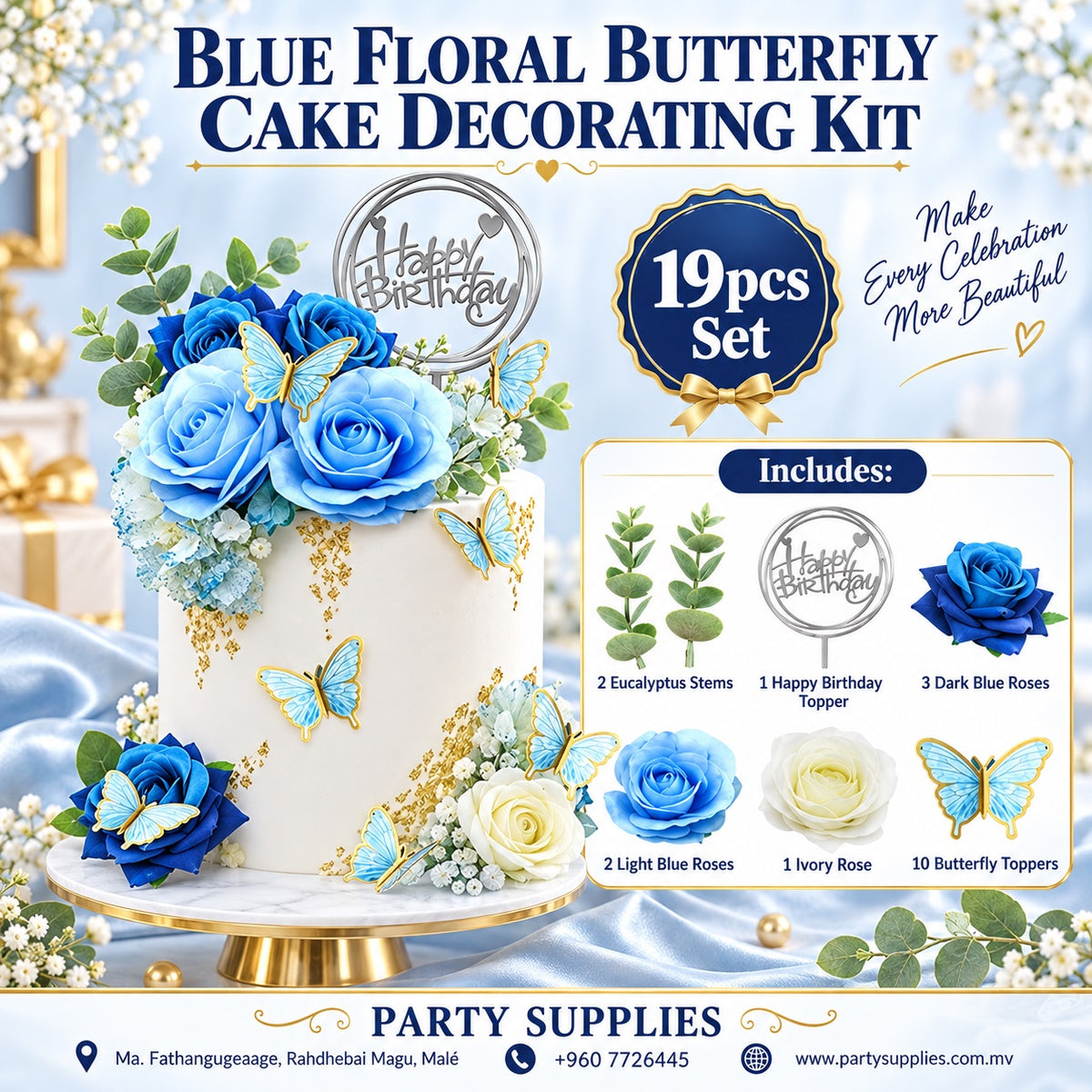 19pcs, Birthday Cake Toppers Butterfly with Artificial Blue Rose Flowers