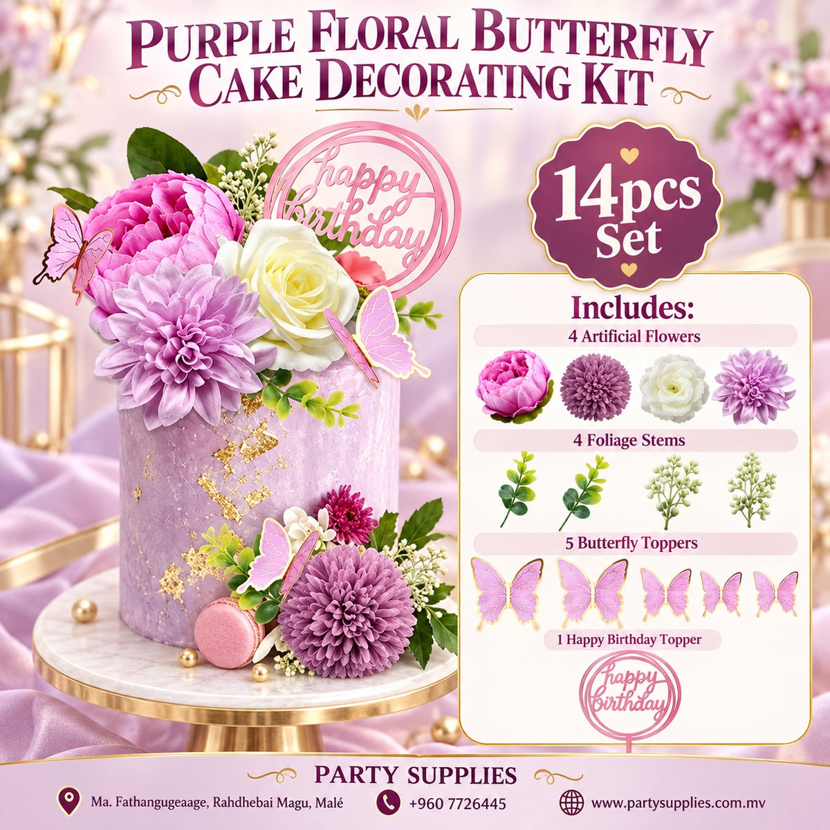 14pcs Happy Birthday Cake Topper with Butterfly, Purple Rose and Artificial Flower
