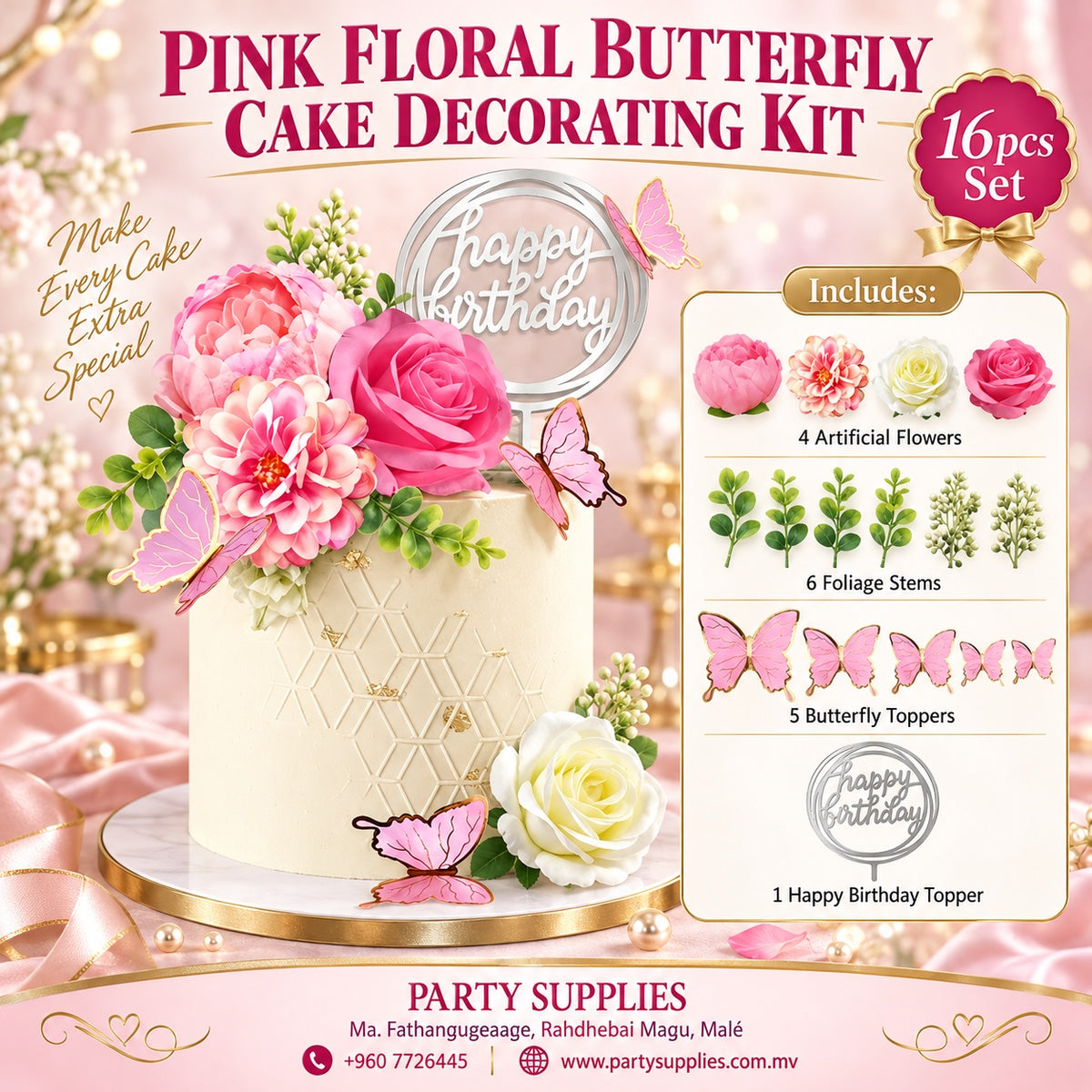 16pcs happy birthday Cake topper with Butterfly, Pink Rose and Artificial Flower