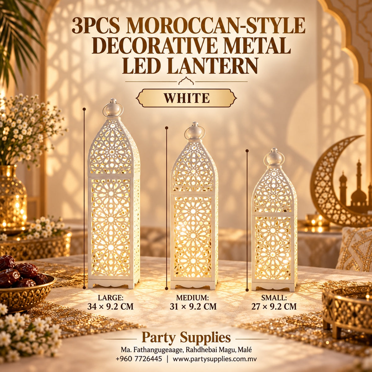 3pcs White Moroccan Style Decoration Metal Led Lantern