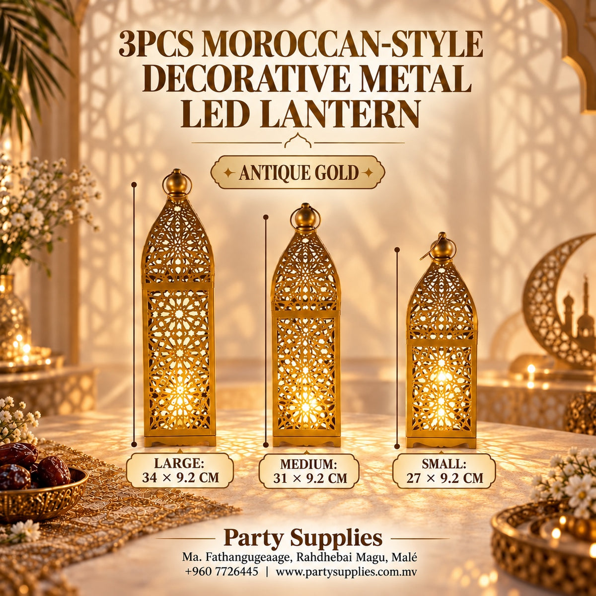 3pcs Antique Gold Moroccan Style Decoration Metal Led Lantern