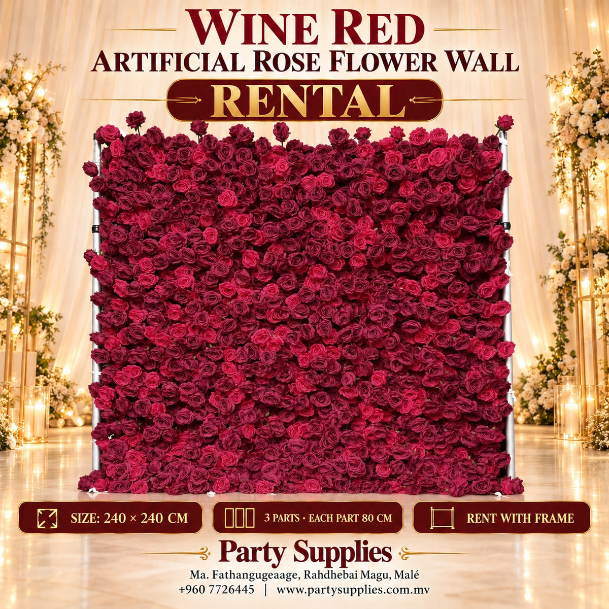 Wine Red Artificial Rose Flower Wall for the Rent