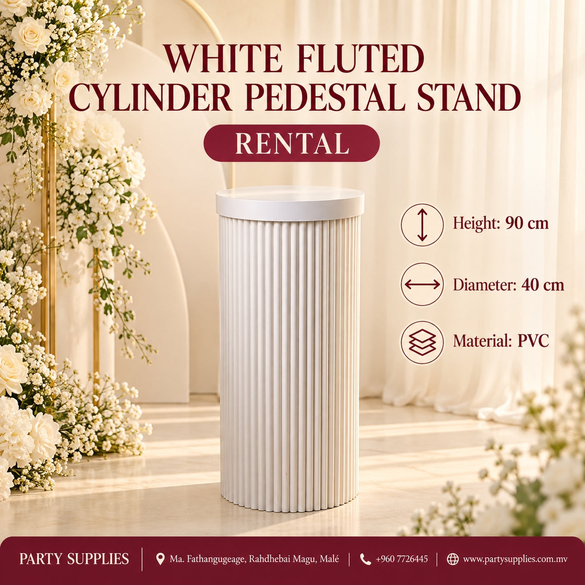 White Fluted Cylinder Pedestal Cake Stand for the Rent