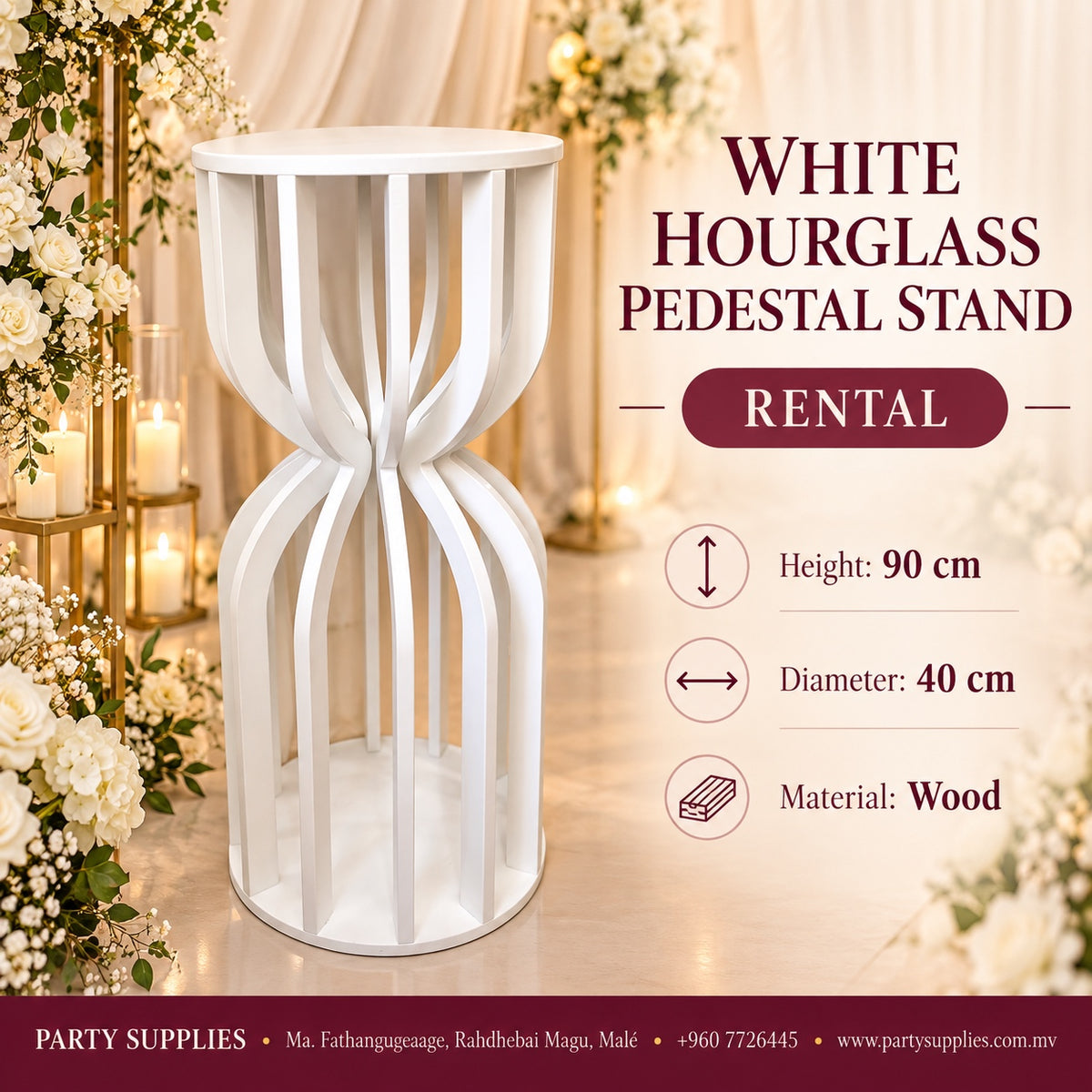 White Hourglass Pedestal Cake Stand for The Rent