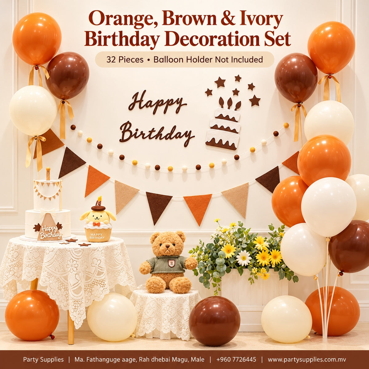 32pcs Orange, Brown & Ivory Birthday Decoration Set