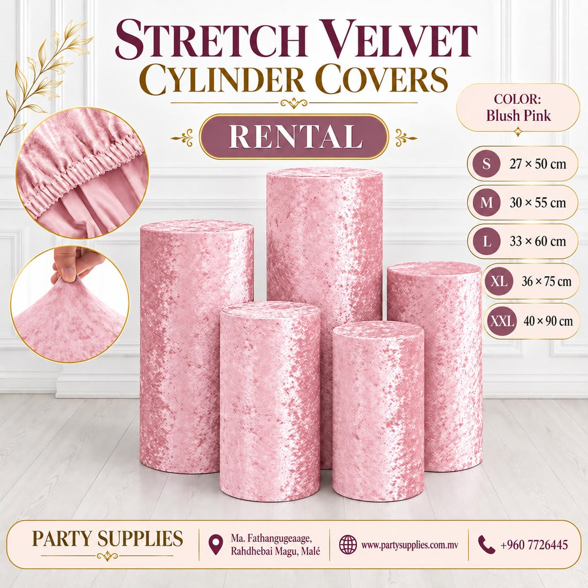 Blush Pink Stretch Velvet Cylinder Covers for RENT