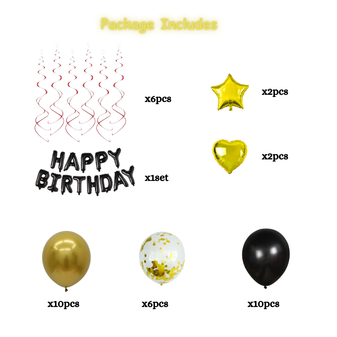 37pcs Birthday Decorations Black and Gold Set with Swirls, Foil hearts and Stars