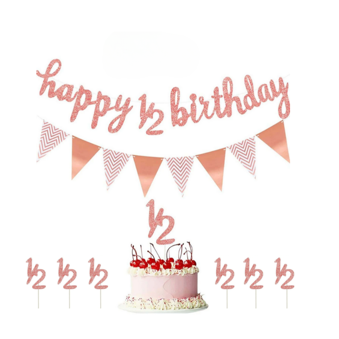 1/2 Birthday Rose Gold Banner with Cake Topper