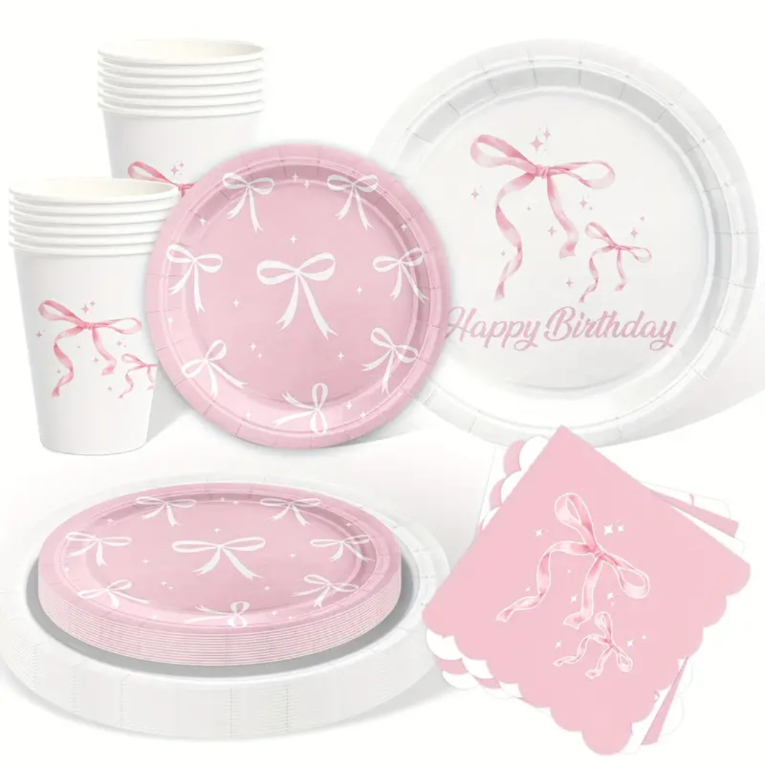Pink Bow Party Supplies Dinnerware, Plates, Cups and Napkins