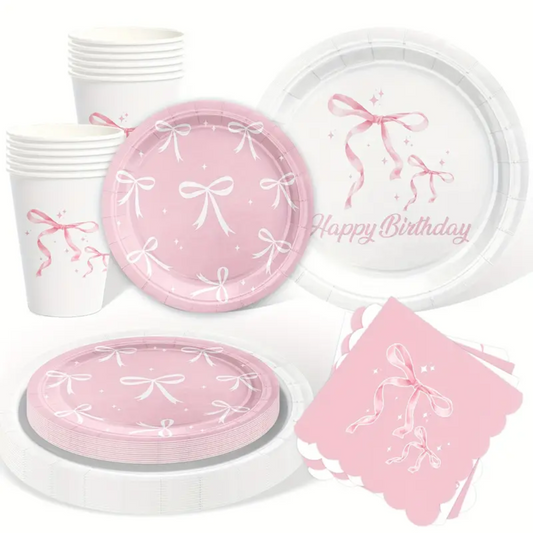 Pink Bow Party Supplies Dinnerware, Plates, Cups and Napkins
