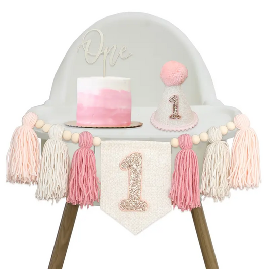 3pcs One Birthday Tessel Banner, Hat and Cake Topper