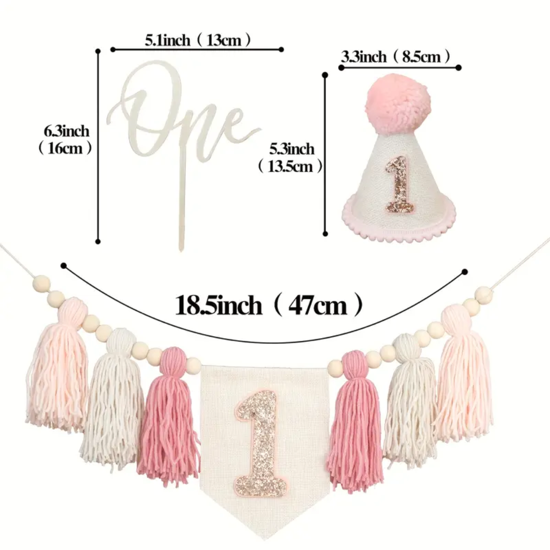 3pcs One Birthday Tessel Banner, Hat and Cake Topper