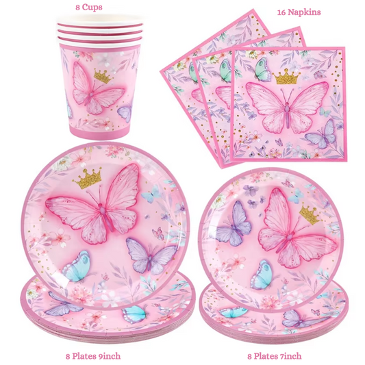 Pink Butterfly Theme Dinnerware Plates, Cups, Napkins