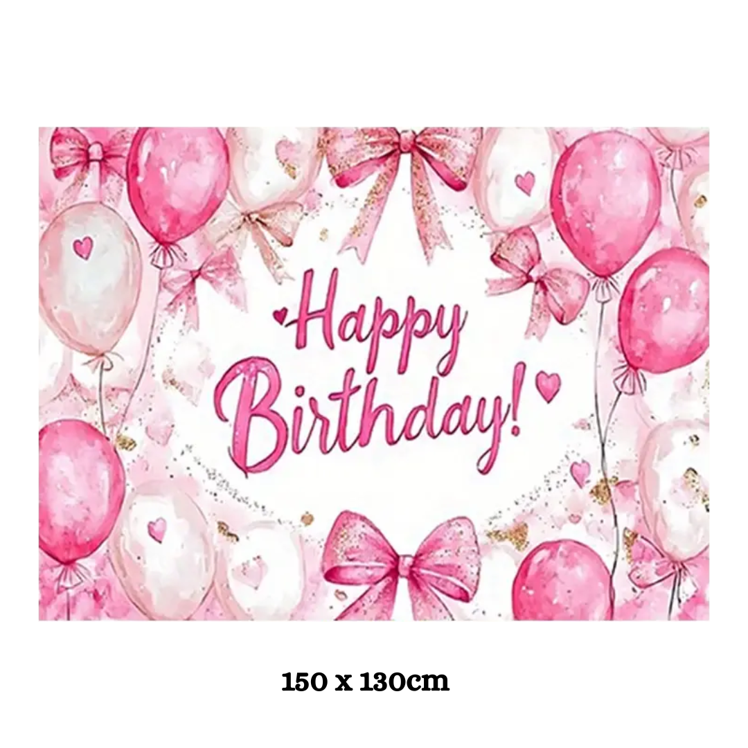 Pink Bow Happy Birthday Polyester Party Backdrop