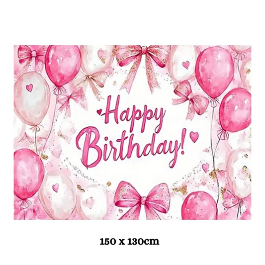 Pink Bow Happy Birthday Polyester Party Backdrop