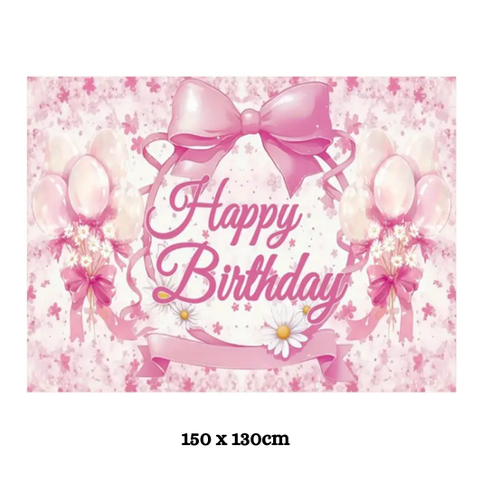 Pink Bow Balloons Flowers Daisy Happy Birthday Backdrop