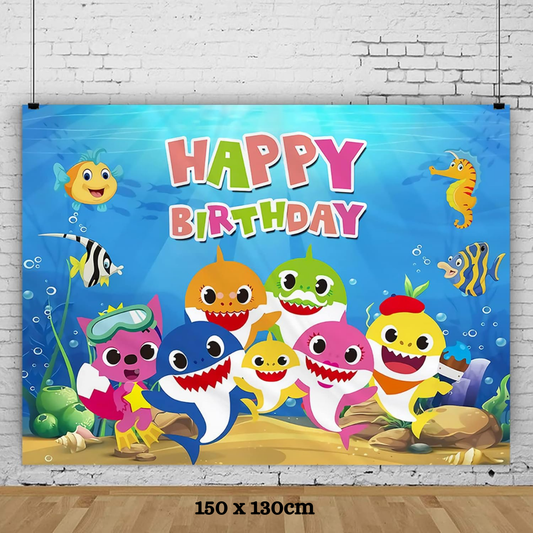 Baby Shark Blue Boy Happy Birthday Backdrop