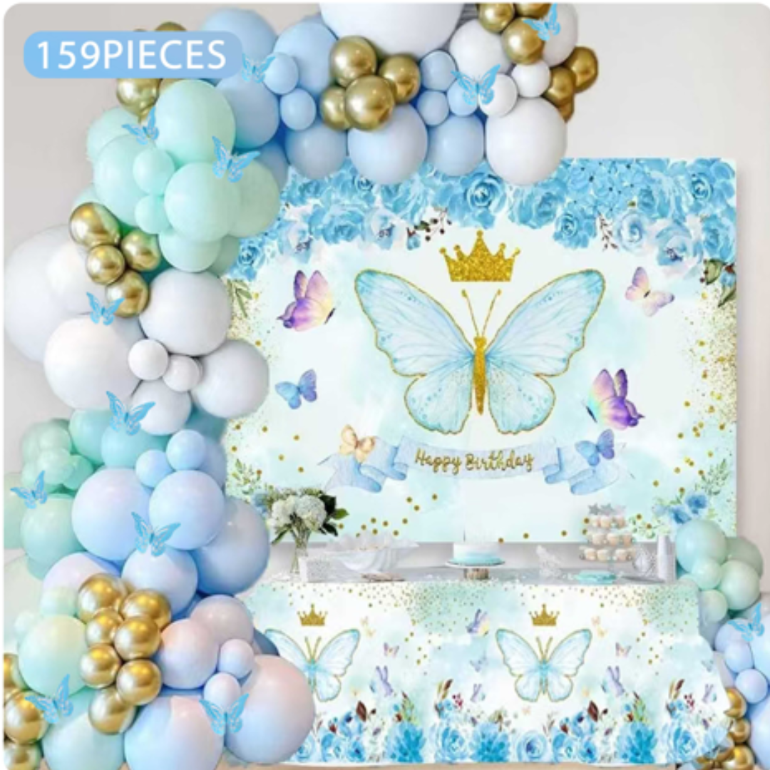 159pcs Light Blue Butterfly Balloon Set with Table cover and Backdrop