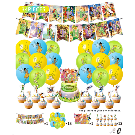 34pcs Tinker Bell-themed birthday party decoration set
