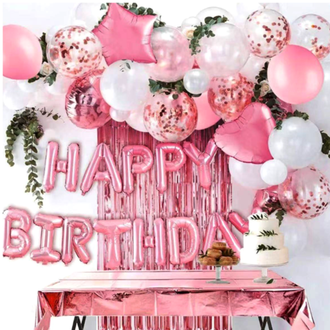 45pcs Pink Happy Birthday Balloon Set with Table cover