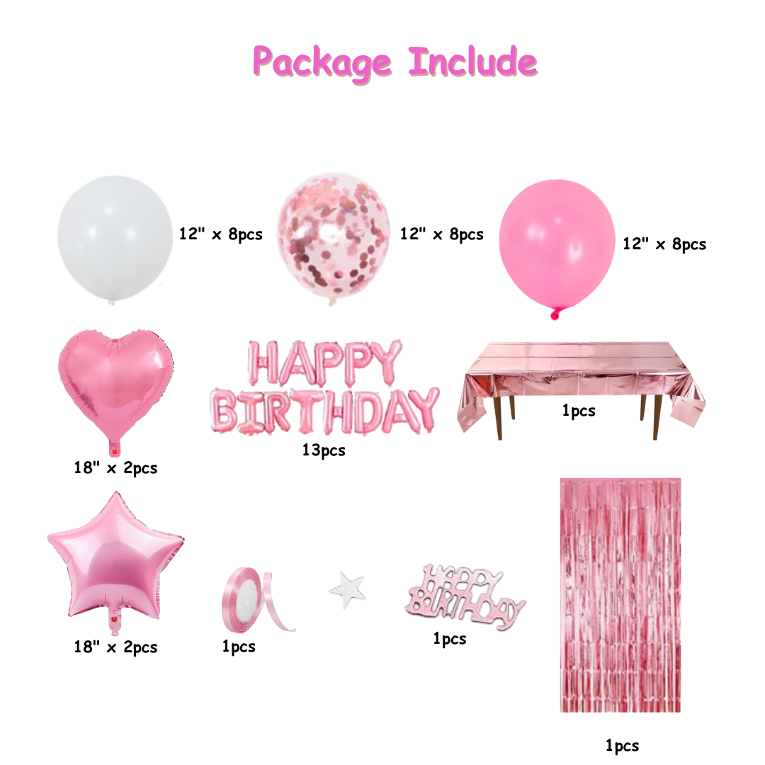 45pcs Pink Happy Birthday Balloon Set with Table cover