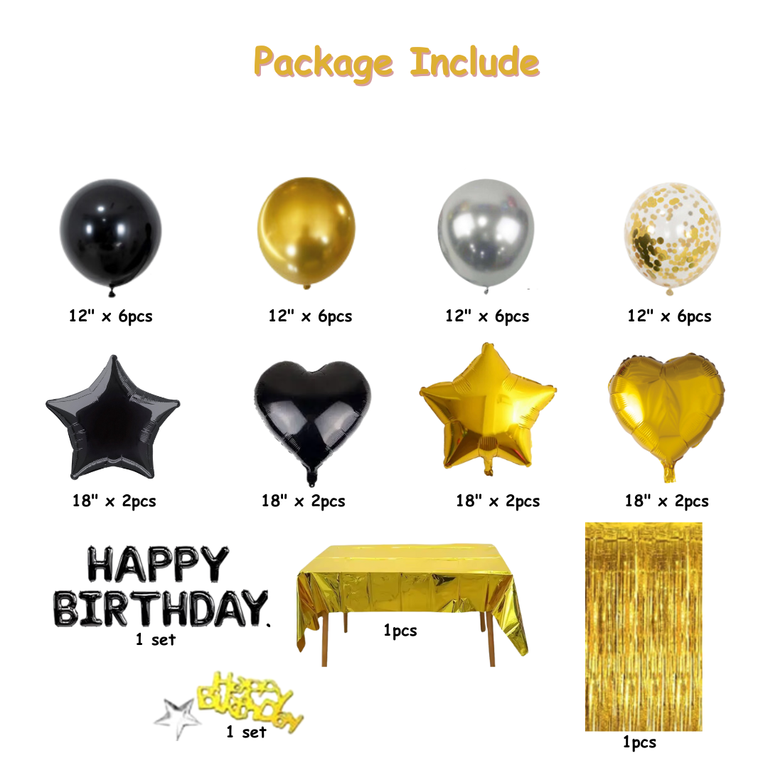 37pcs Gold and Black Happy Birthday Balloon set