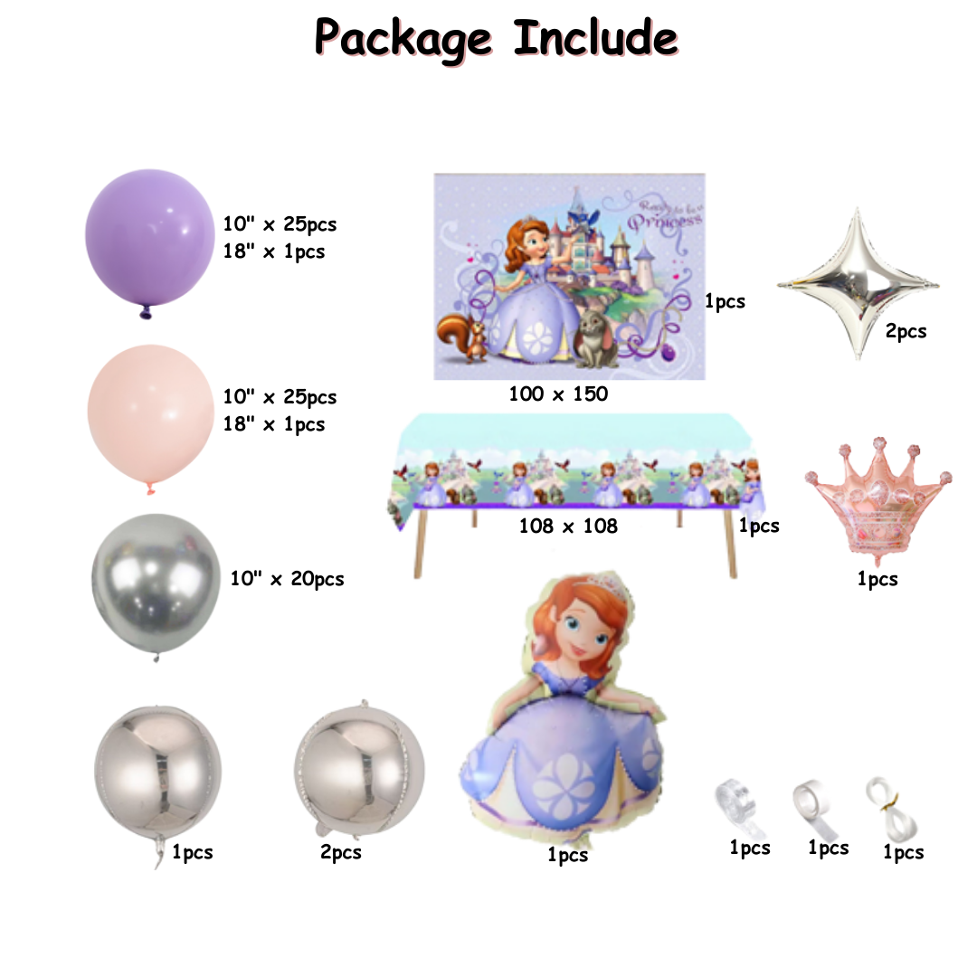 84pcs Princess Sofia Balloon set with table cover and backdrop