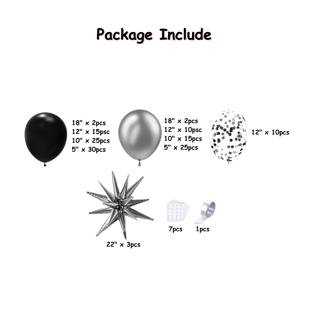145pcs Black and Silver Balloon Garland kit