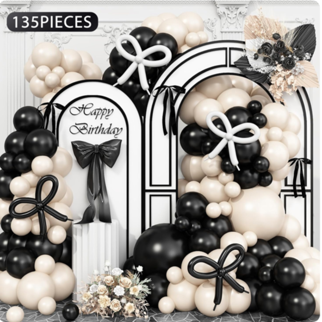 135pcs Black and White Bow Theme Balloon set