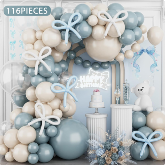 116pcs dusty Baby blue and white Bow Theme Balloon Garland arch kit