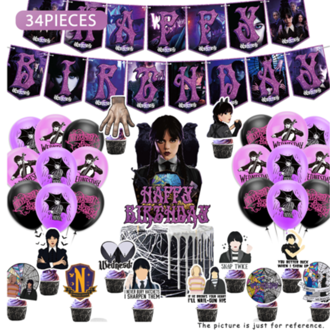 34pcs Wednesday Addams themed birthday Balloon set