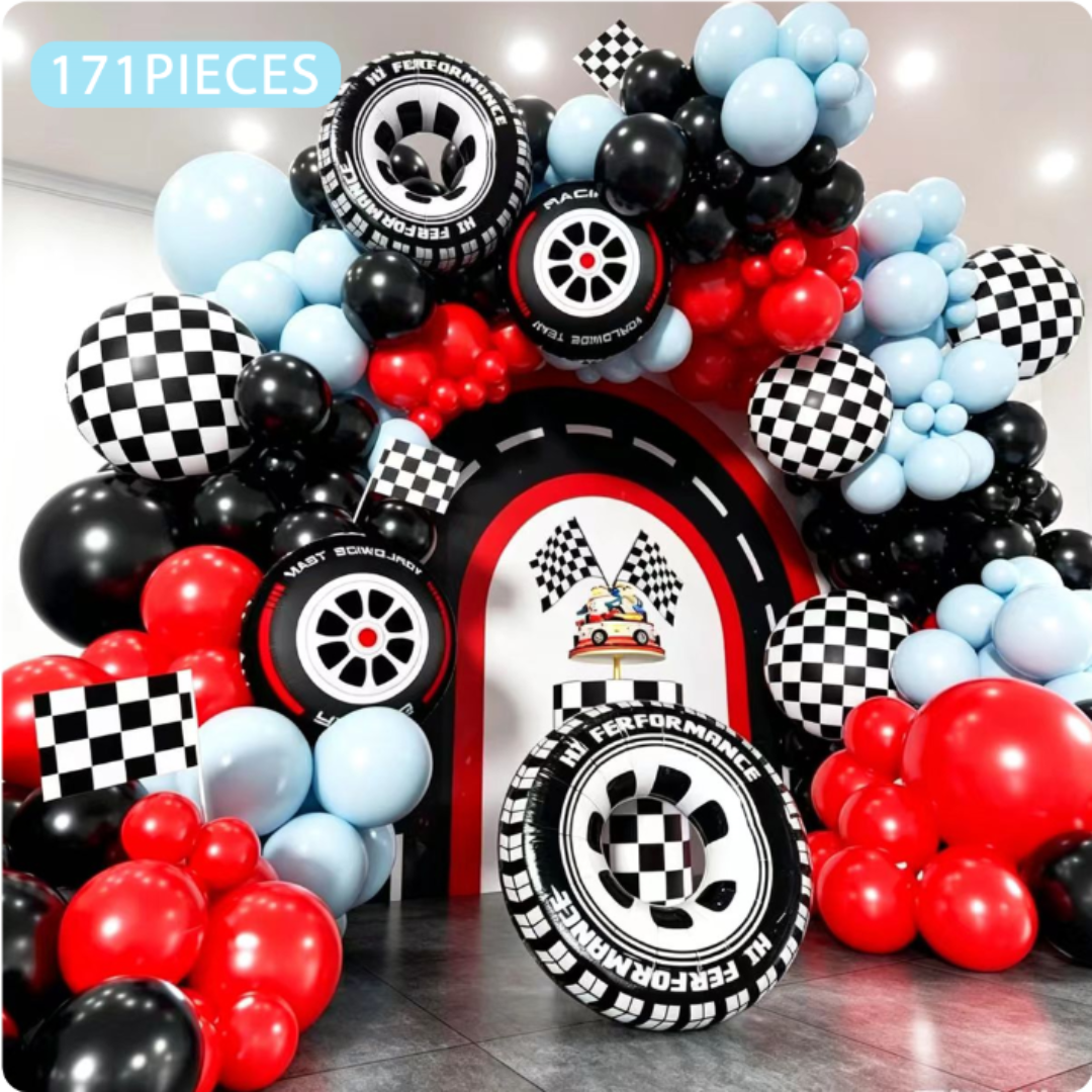 171pcs Red Blue and Black Racing Car Balloon Decorations Kit with Tire and Flag