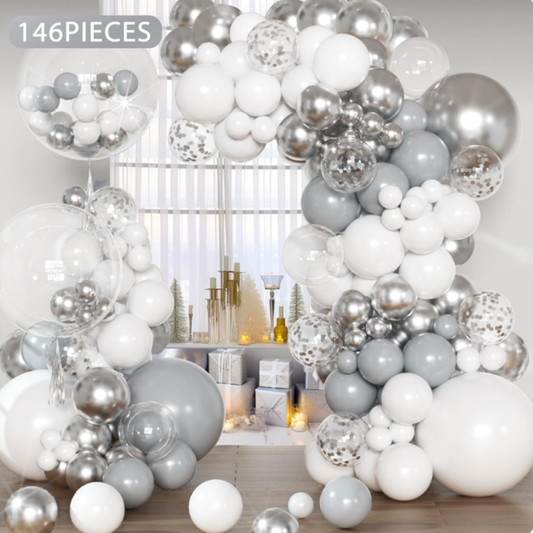 146pcs White and Silver Balloon set