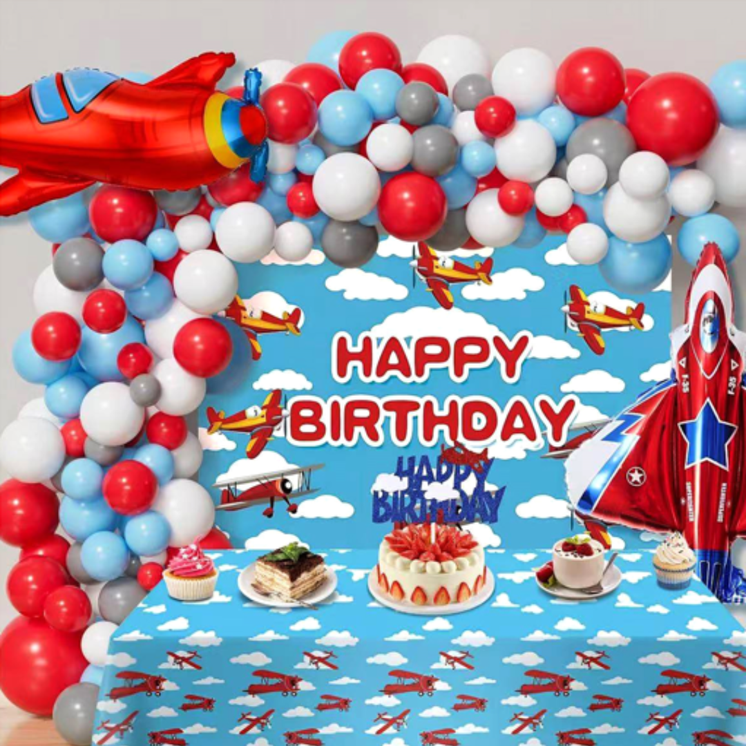 99pcs Blue and Red airplane themed Birthday Balloon Set with Table cover and Backdrop