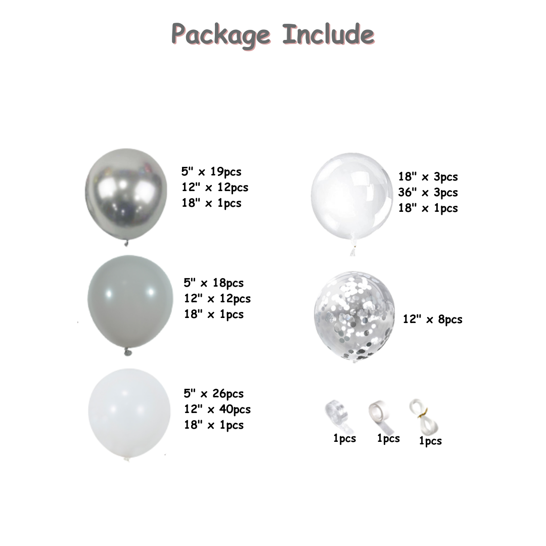 146pcs White and Silver Balloon set
