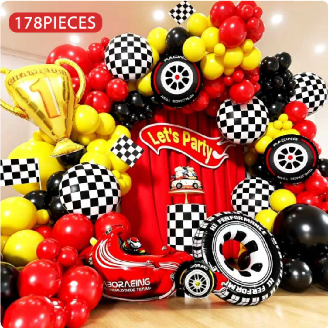 178pcs Red Yellow and Black Racing Car Balloon Decorations Kit with Tire and Flag