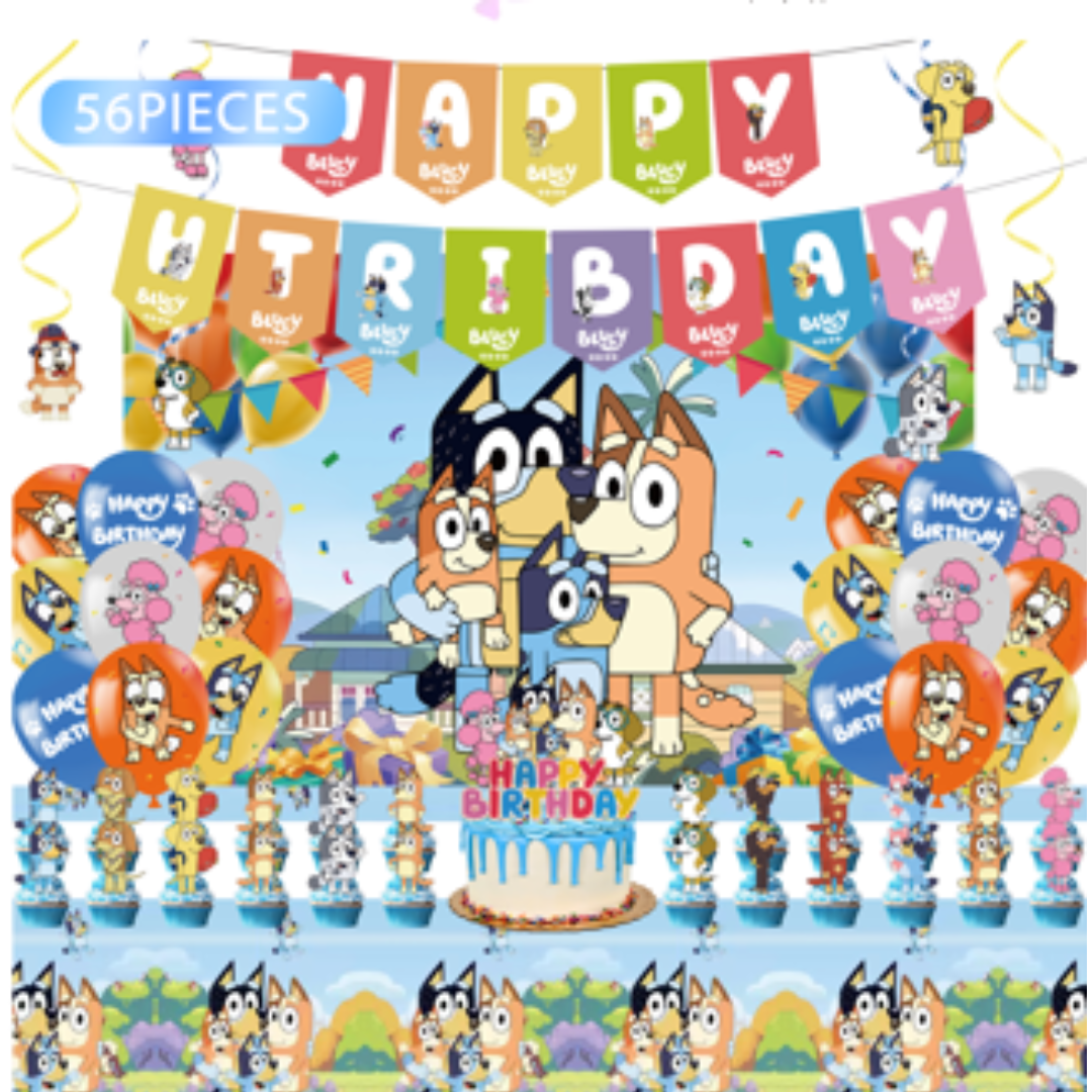 56pcs Bluey Theme Birthday Balloon set with Table cover and Backdrop
